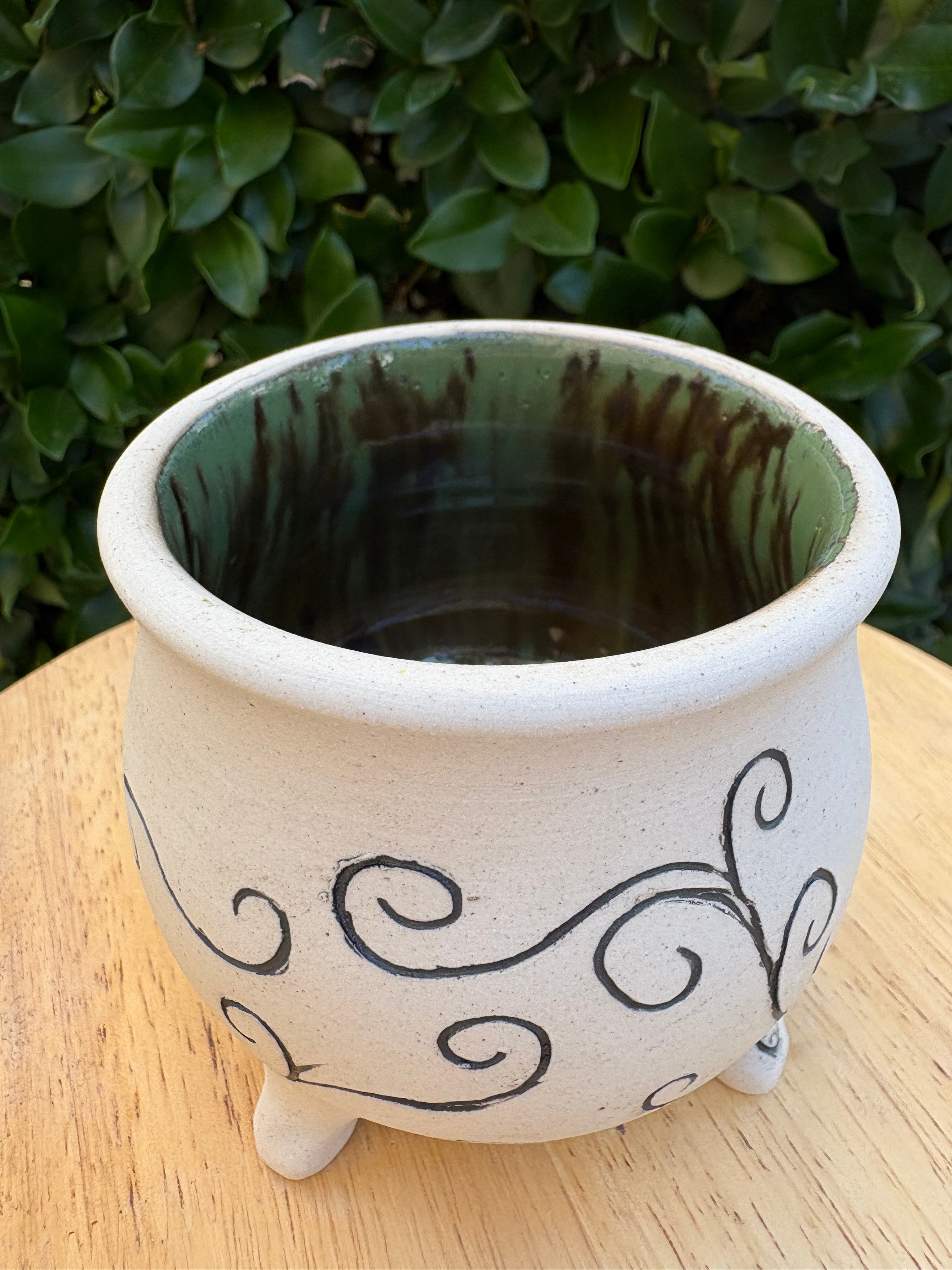 Green Carved Cauldron Bowl